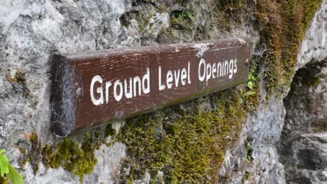 brown wooden ground level openings sign on mossy rock wall close up