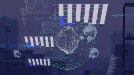 Animation-Des-Globus-Der-Verbindungen-Und-Datenverarbeitung-über-Dem-Stadtbild