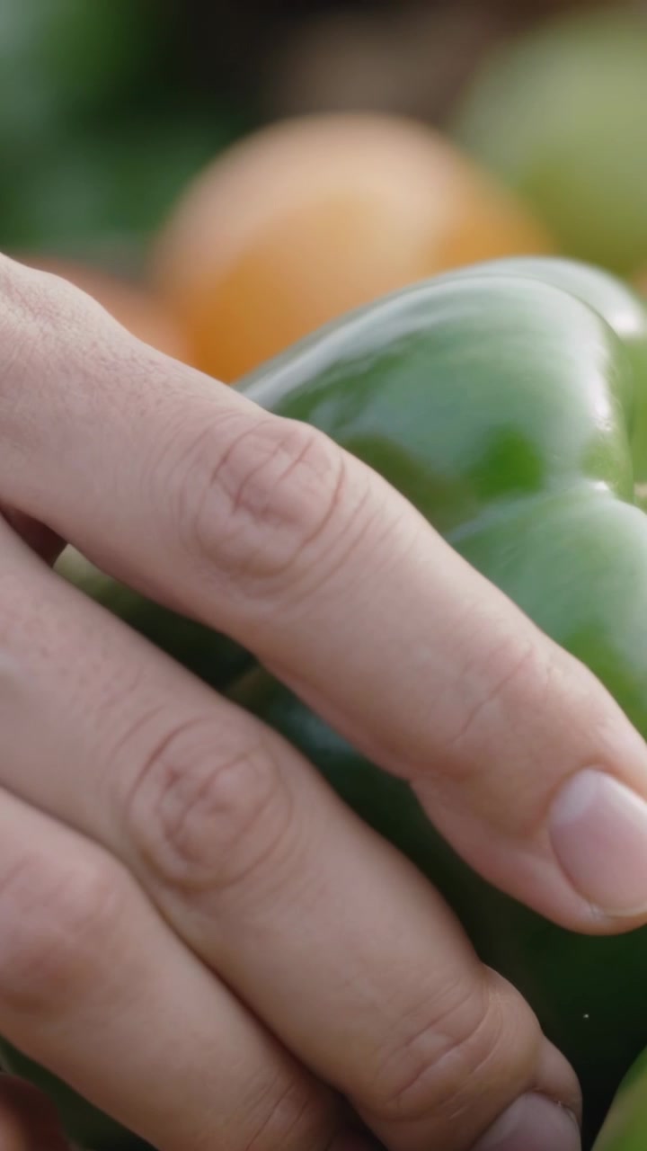 Vídeo vertical: Mão adulta tocando pimentão verde grande em caixa de mercado, escolhendo comprar