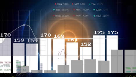 animation of financial data processing over light circles on black background