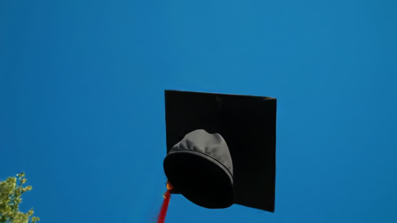 Participants celebrate the end of their academic journey with a tossing ceremony for graduation caps. The bright atmosphere captures joyful expressions and uplifting moments as caps soar high.
