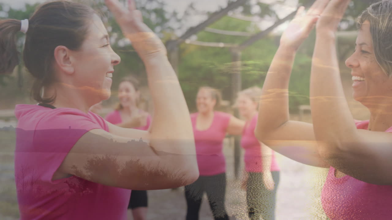 High-fiving in sunset, women in pink shirts celebrating outdoors together