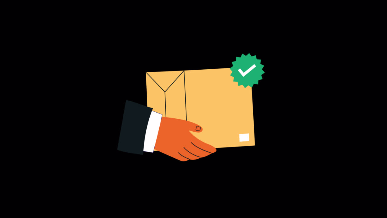 Mano animata che tiene un pacco con conferma tramite segno di spunta verde