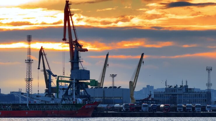 Sunset view of shipping yard with cranes and trucks in the harbor area. Trucks line up at the shipping yard as a ship docks at the harbor during sunset with cranes in view