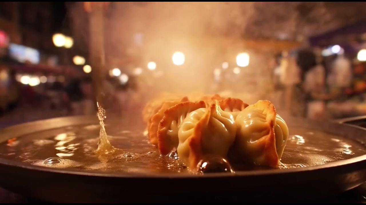 Gyoza Dumplings Frying in a Pan at a Night Market