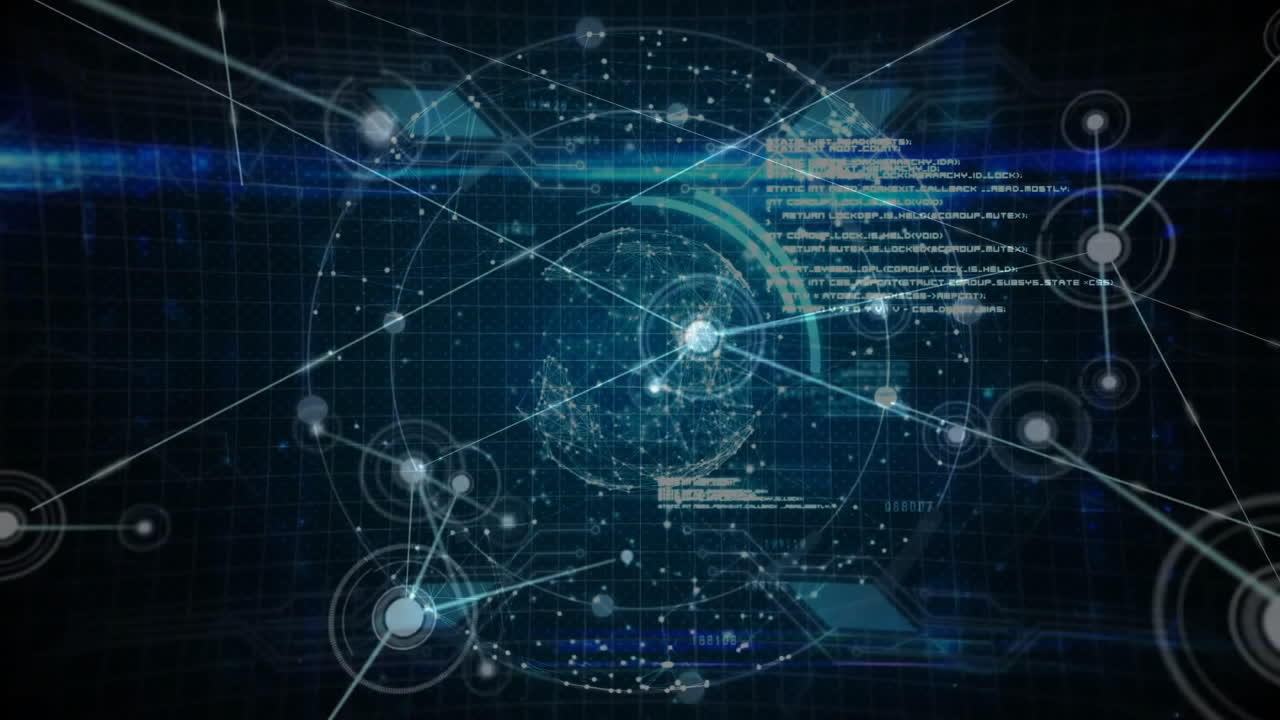 Futuristic digital interface displaying 3D globe rotating, glowing nodes connecting data links