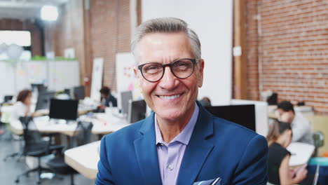 portrait of mature businessman in modern open plan office with business team working in background