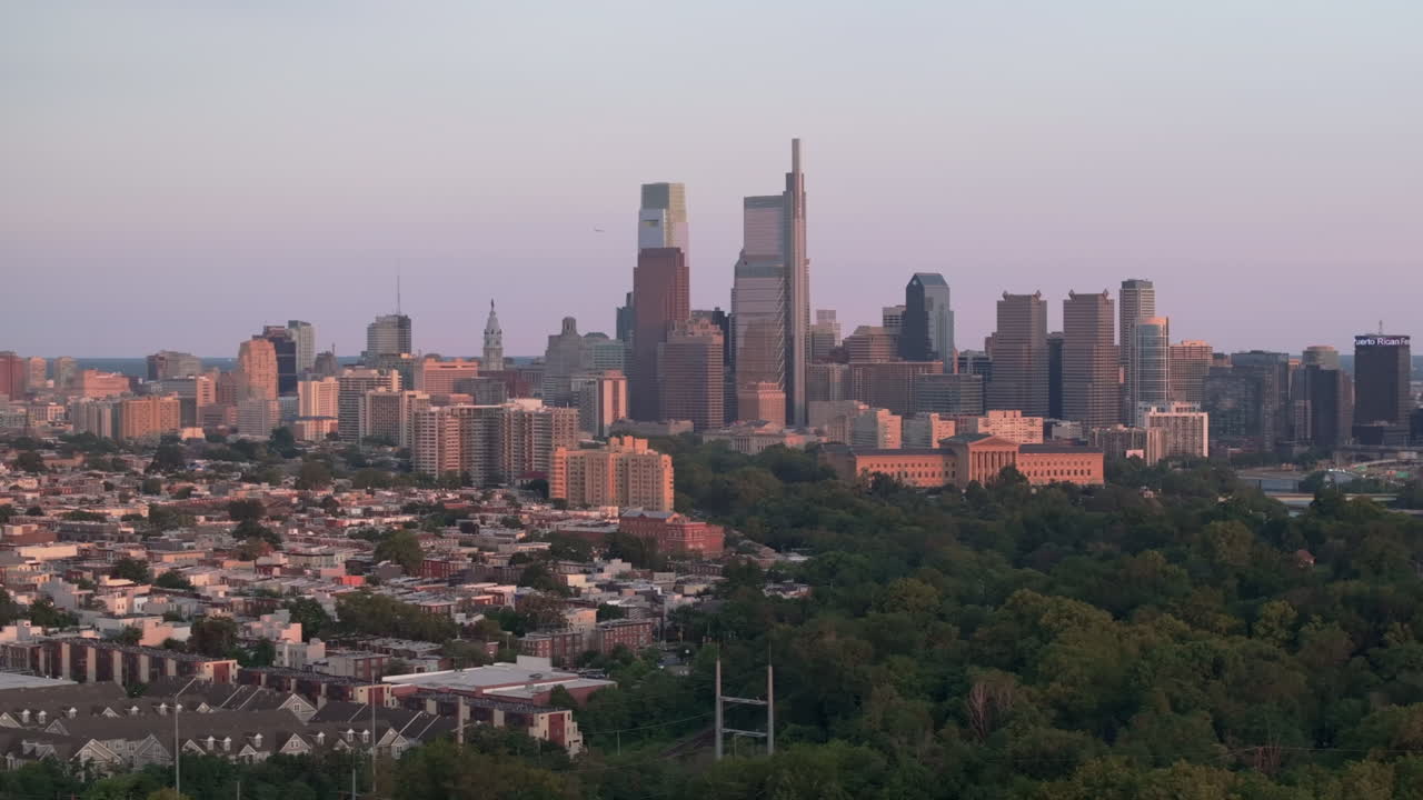 Aerial view of Downtown Philadelphia at dusk. Shot on a summer evening