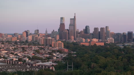 aerial view of downtown philadelphia at dusk. shot on a summer evening