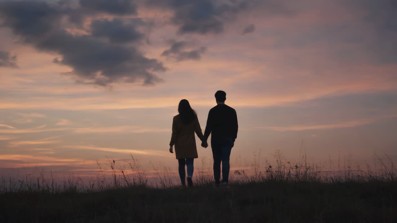 해가 지면 손을 잡고 있는 커플