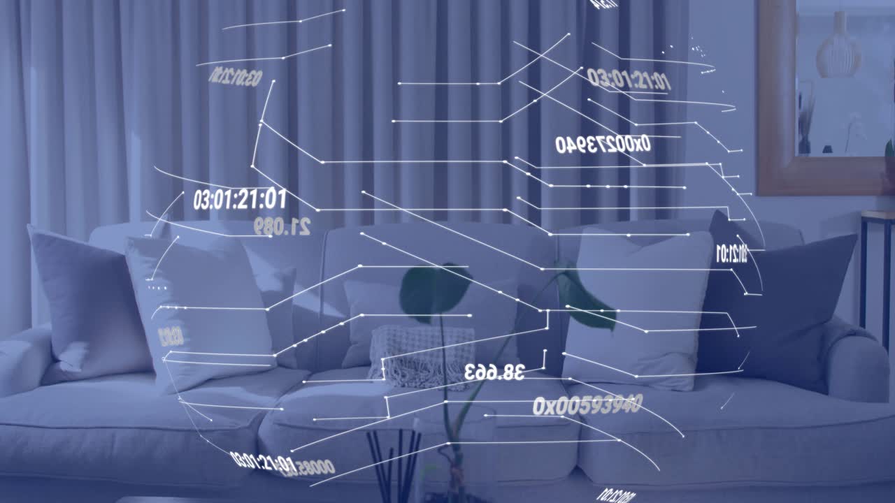 Holographic data grid materializing above sofa rotating while updating timestamps for visualization