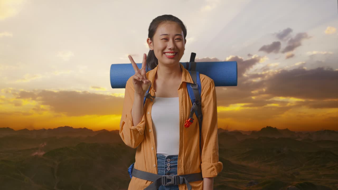 excursionista asiática con mochila de montañismo sonriendo y mostrando un gesto de paz mientras está de pie en la cima de la montaña durante la hora del atardecer