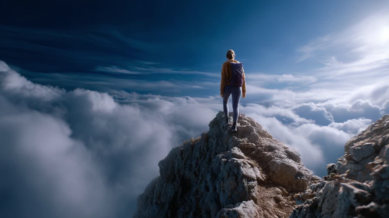 Un avventuriero solitario si erge trionfante in cima a una vetta montuosa, circondato da nuvole mozzafiato, incarnando lo spirito di esplorazione e il fascino della bellezza della natura.