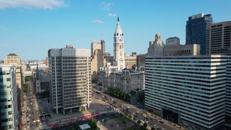 Philadelphia-City-Hall-drone-reverse-flyaway-sunny-spring-day