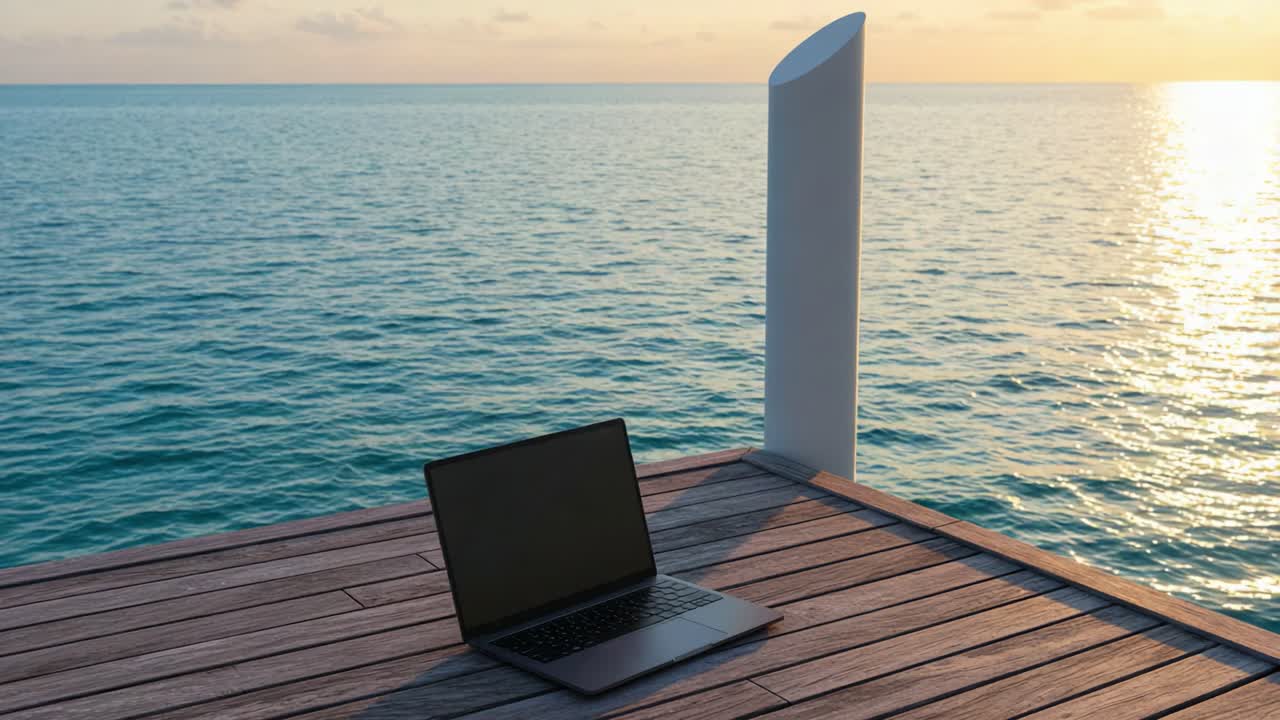 A Serene Escape: A Laptop Resting on a Wooden Deck Overlooking Calm Waters and a Sunset, Perfect for Remote Work or Leisure