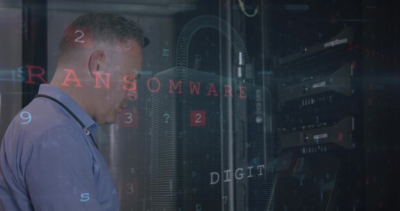 IT Professional Working in Server Room with Cybersecurity Overlays
