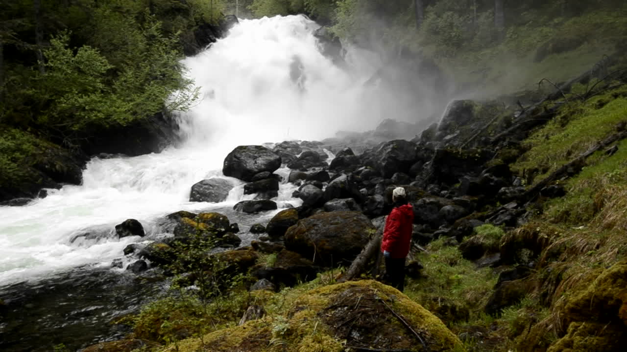 toma panorámica de una caminata turística a través de la selva tropical hasta la cascada cascade creek en thomas bay, sureste de alaska