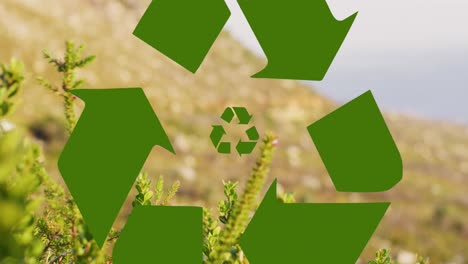 animación de iconos de reciclaje, sostenibilidad y ecología sobre el paisaje