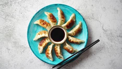 Traditional-asian-dumplings-Gyozas-on-turqoise-ceramic-plate