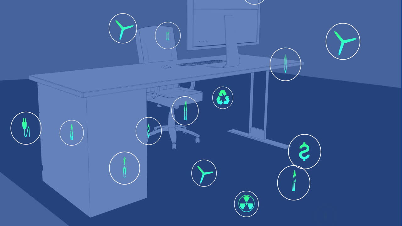 Animation of sustainable icon in circles over computer on desk and chair in office