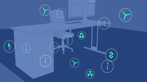 animation of sustainable icon in circles over computer on desk and chair in office