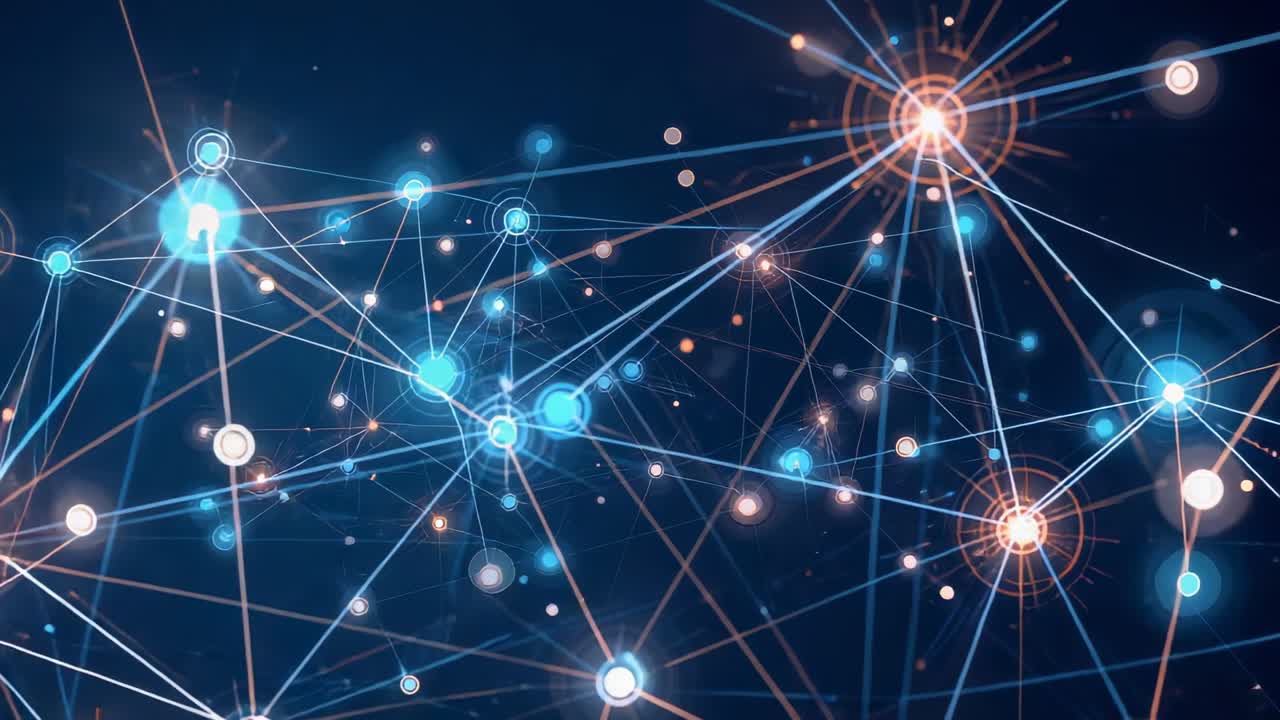 Pulsing abstract network zooming over navy gradient after signal pulses, highlighting glowing nodes