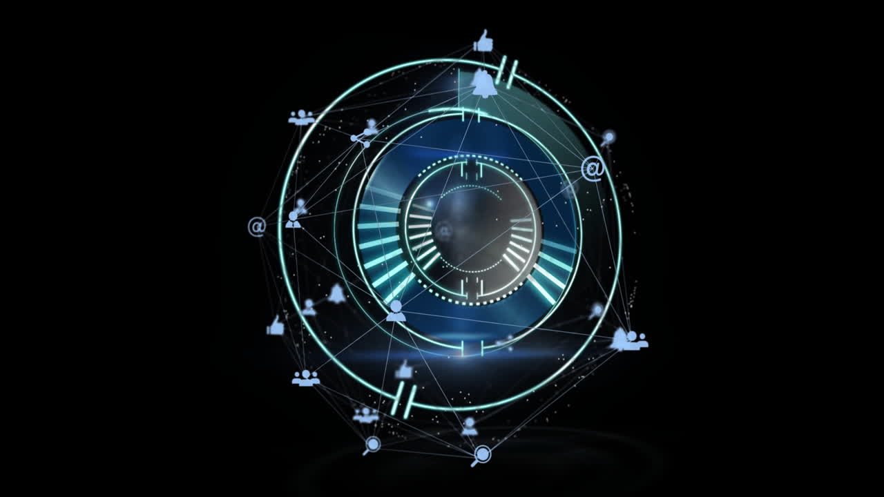 Animation of glowing circular elements with network icons on futuristic interface