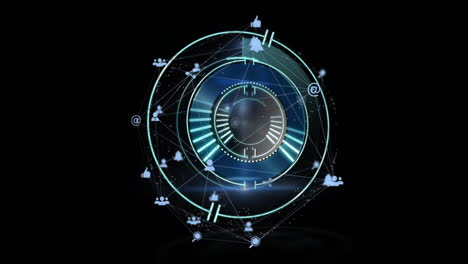 animation of glowing circular elements with network icons on futuristic interface