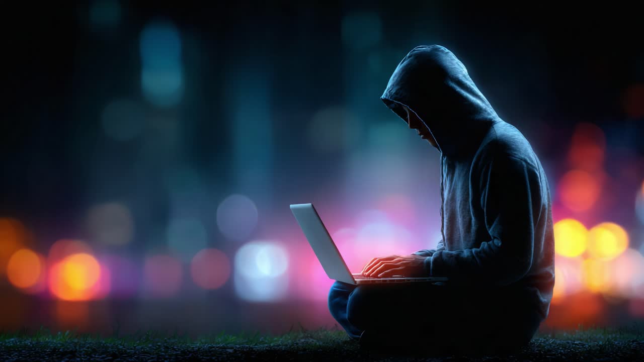 A hooded figure intensely focuses on a laptop in a dimly lit urban setting, surrounded by vibrant bokeh lights, symbolizing a blend of technology and solitude