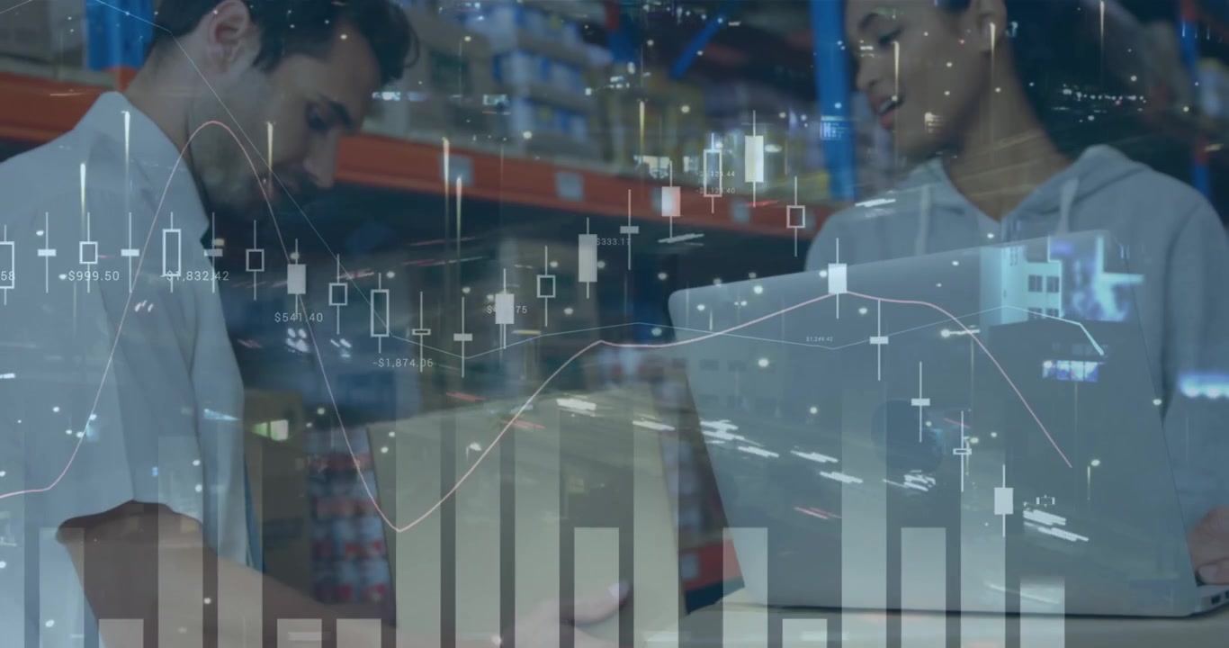 Animation of financial data processing over diverse people in warehouse and cityscape