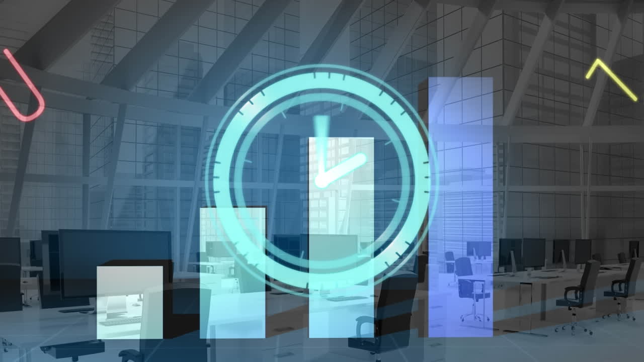 animación de reloj de neón, gráficos sobre el cambio de alfabetos y números contra la oficina vacía