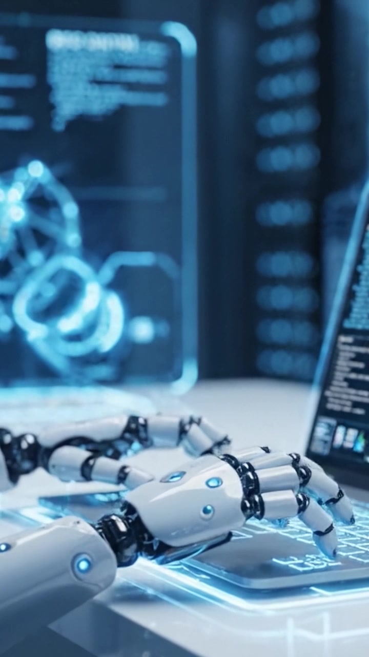 Futuristic Robotic Assistant Engaged with Advanced Technology, Analyzing Data on a Laptop in a High-Tech Environment with Digital Displays and Interfaces