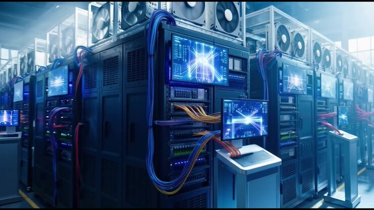 Modern Data Center Server Room with Glowing Digital Displays