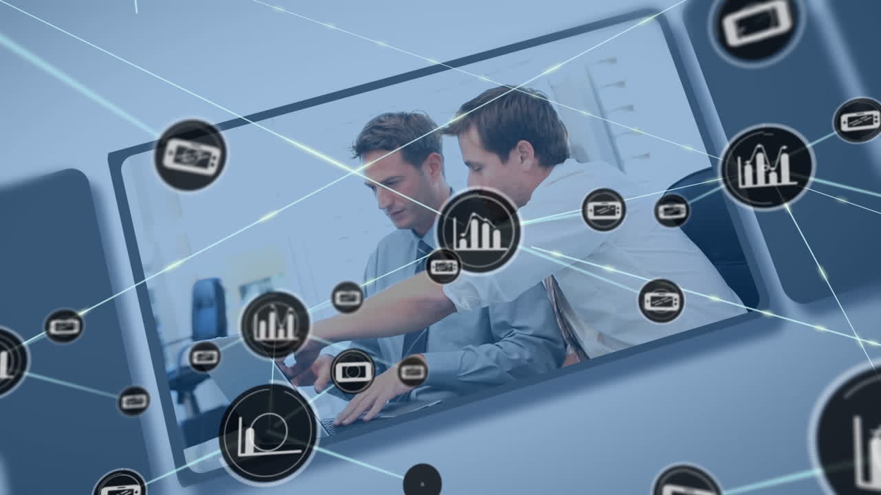 animación de la red de iconos digitales contra el procesamiento de datos de concepto de negocio en la pantalla de la tableta