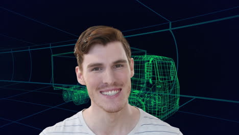 animación de un hombre caucásico sonriente sobre un modelo de dibujo 3d de camión y rejilla