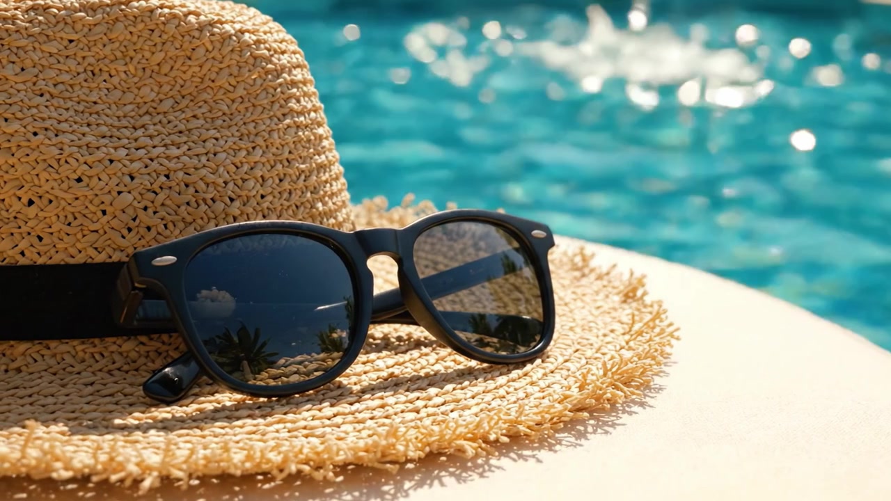 A Relaxing Summer Scene Featuring Sunglasses and a Straw Hat by the Sparkling Poolside, Perfect for a Day of Leisure and Sunbathing Entertainment