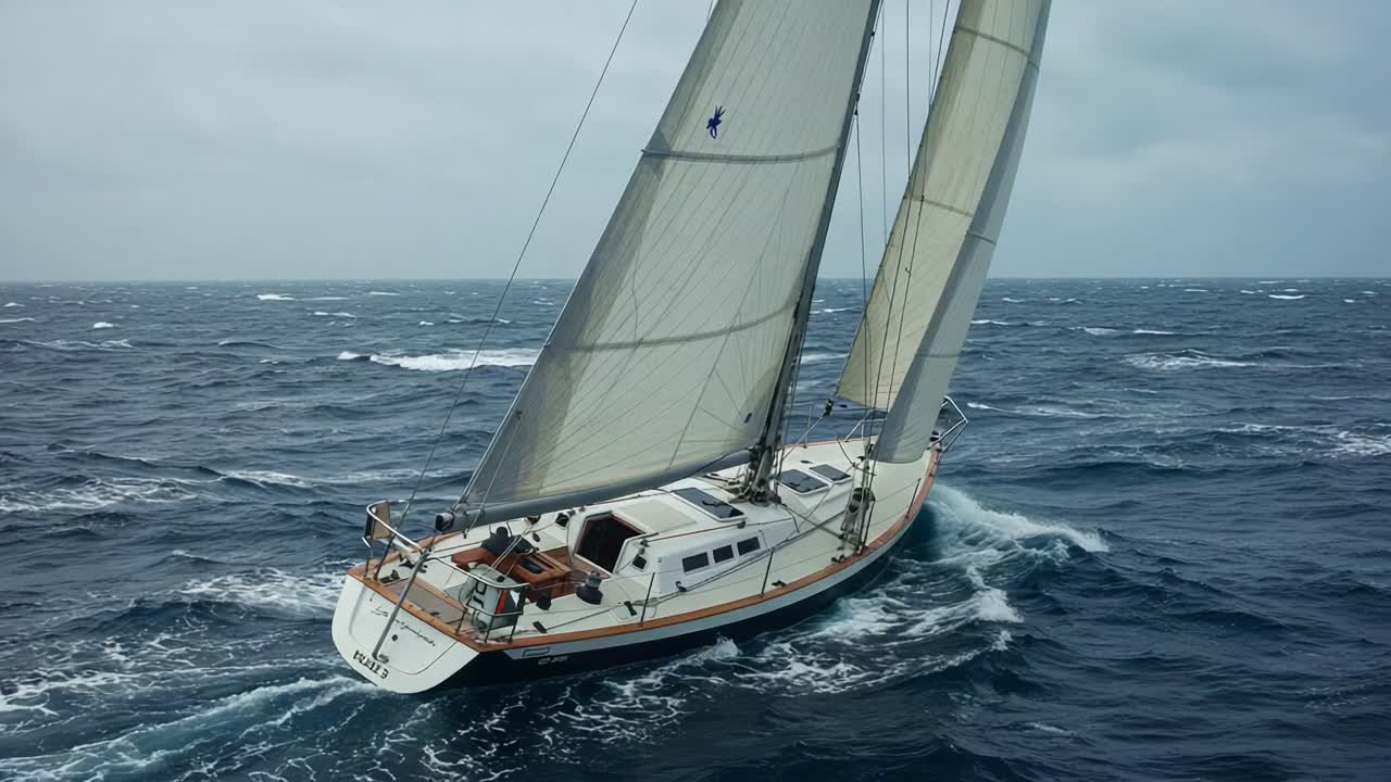 A Majestic Sailing Adventure: Captivating Views of a Sailboat Navigating Through Windswept Waves Under Overcast Skies