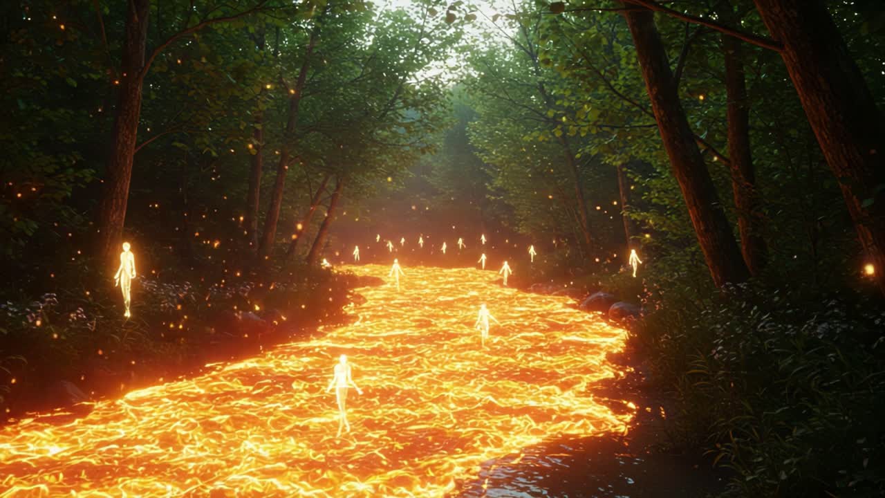 A Mesmerizing Scene of Ethereal Figures Illuminating a Fiery River Flowing Through a Lush Forest, Blending Nature's Beauty with Surreal Elements
