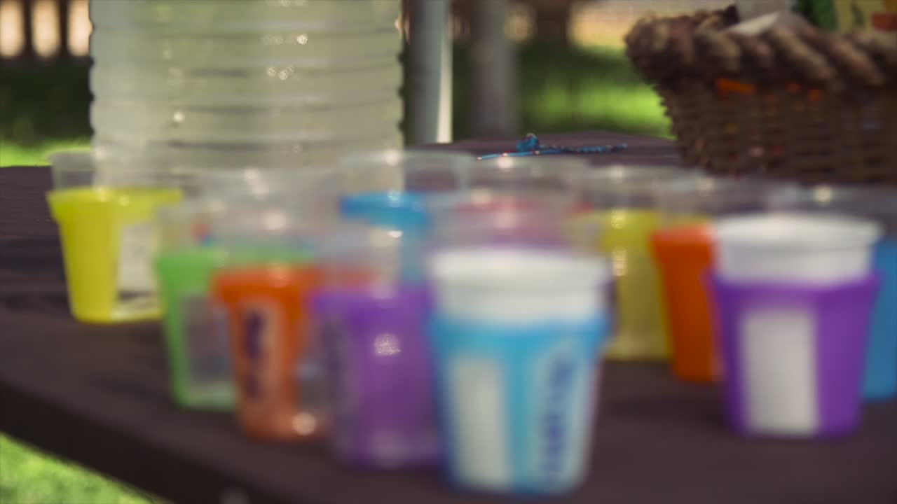 vasos de plástico coloridos con nombres de niños afuera en el campamento de verano niños fiesta de cumpleaños cámara lenta