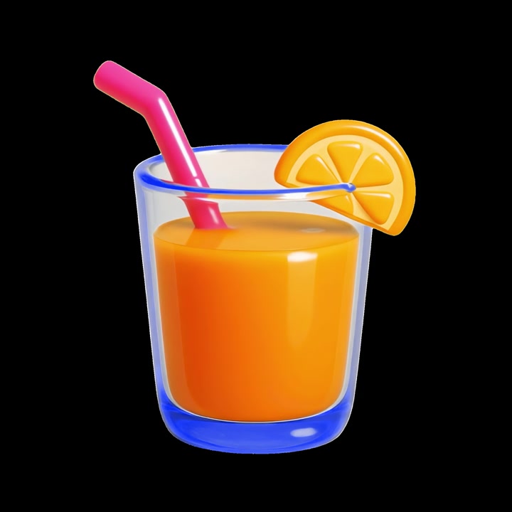 Bicchiere animato in 3D di succo d'arancia con guarnizione rotante