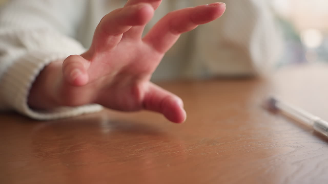 Close up of hand in white sleeve gently tapping wooden table surface with soft natural lighting and pen resting blurred in background, evoking thoughtful emotion