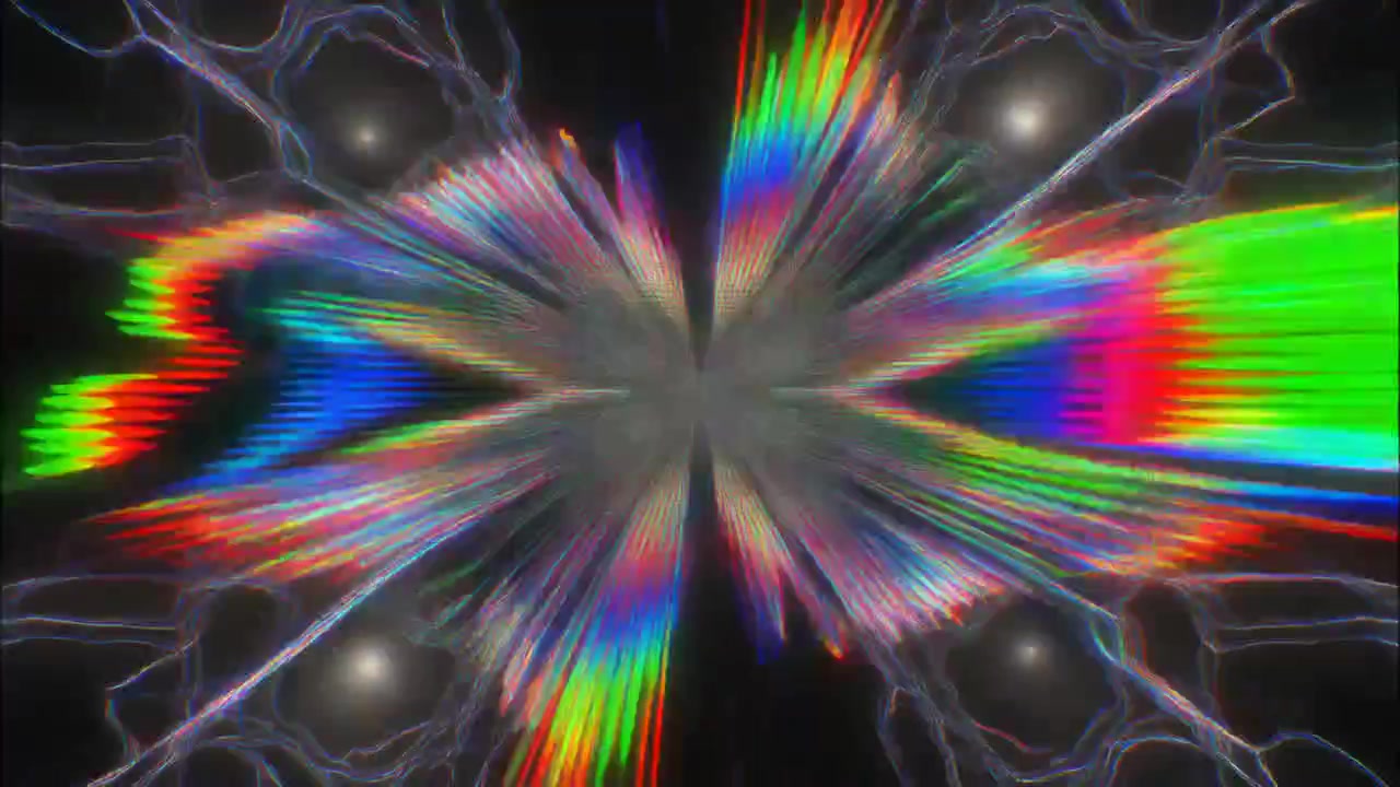 Abstracte digitale caleidoscoop met pulserende regenbooglichteffecten
