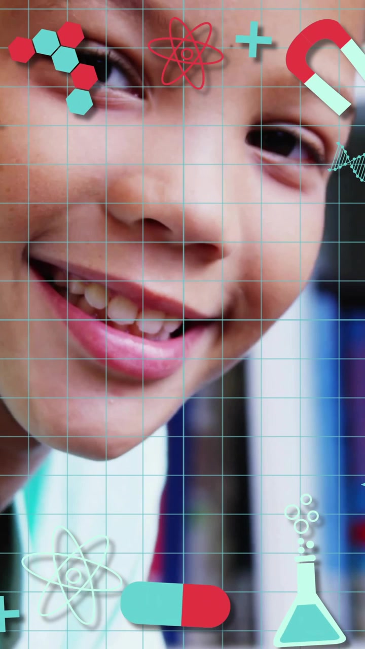 Animation of science icons over african american schoolboy in library