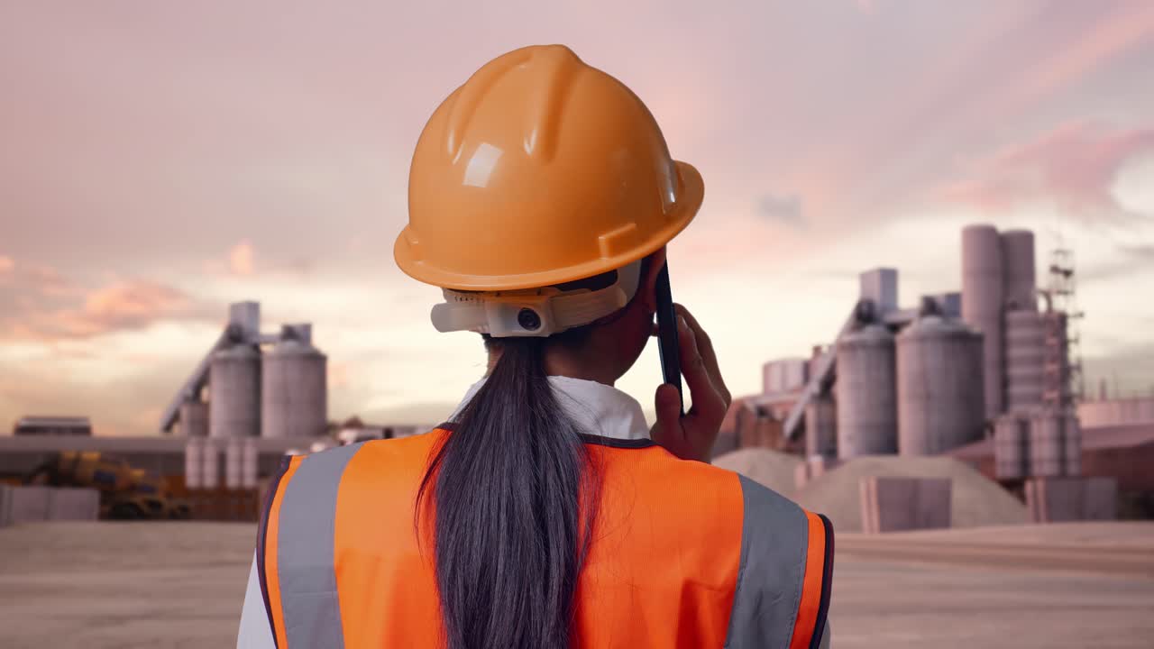 Primo piano, vista da dietro, di un'ingegnera asiatica con casco di sicurezza, che parla al cellulare mentre è in piedi in un impianto di cemento industriale con betoniere al tramonto.