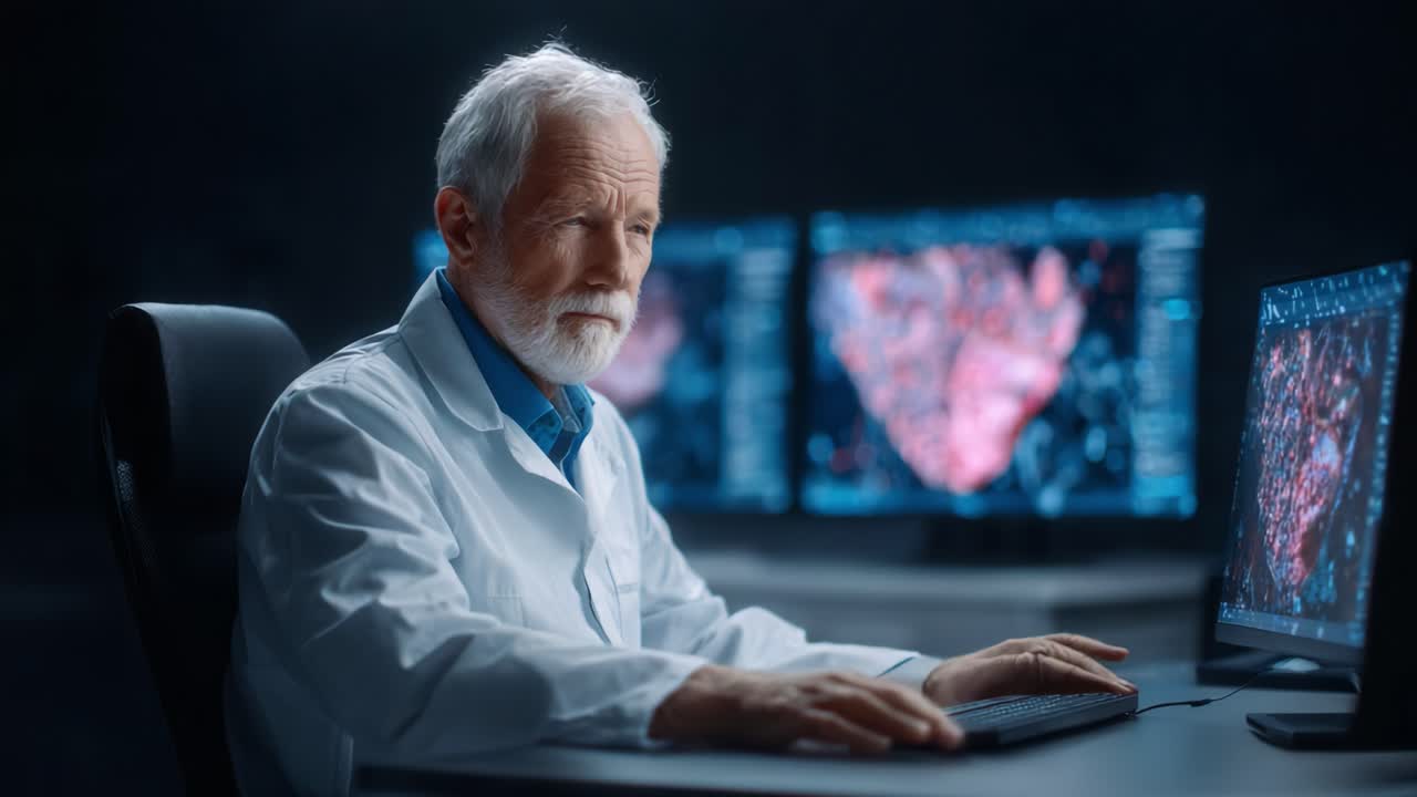 Zkušený vědec analyzuje pokročilá data z monitorů biomedicínského výzkumu v tlumeně osvětleném laboratorním prostředí