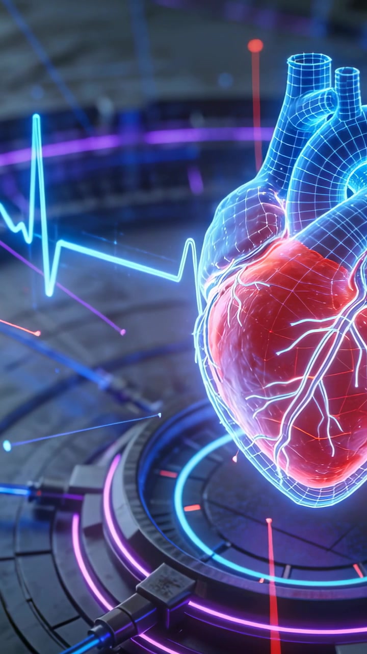 Vertikal video: Pulserende holografisk hjerte, der reagerer på et EKG-udslag over en neonplatform, med plads til tekst.
