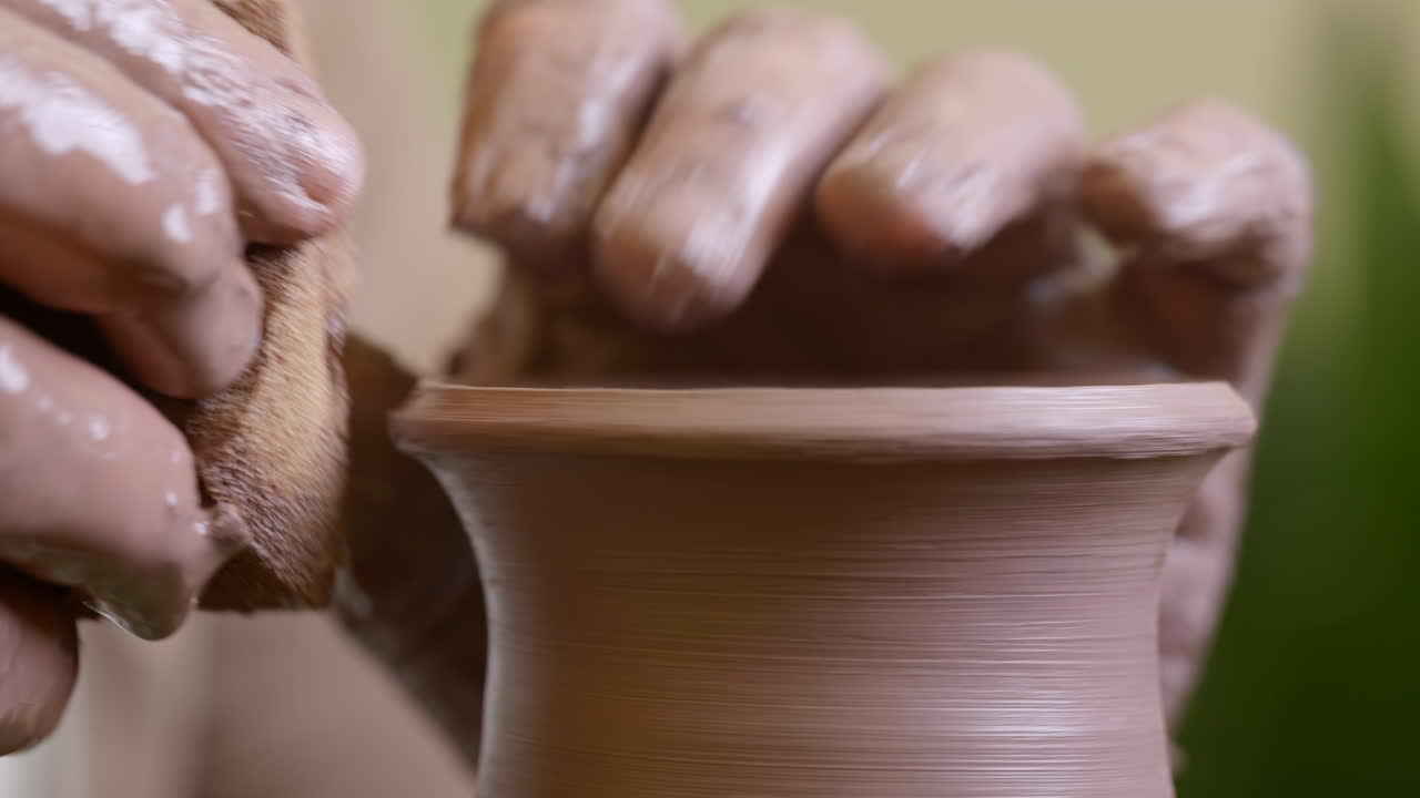 Skilled craftsman smoothing raw clay vessel with wet sponge on workshop pottery wheel