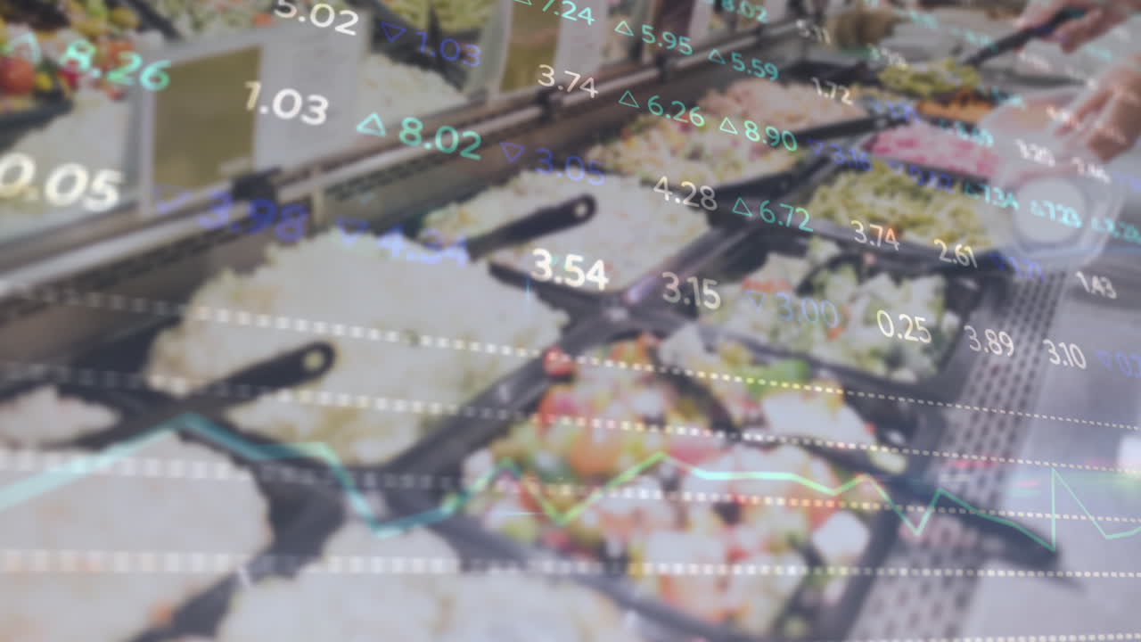 레스토랑에서 음식에 대한 금융 데이터 처리의 애니메이션