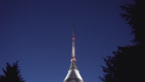 Panning-up-of-Jested-Tower-in-Liberec,-night-shot-of-czech-architecture