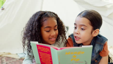 learning, reading book and children in tent